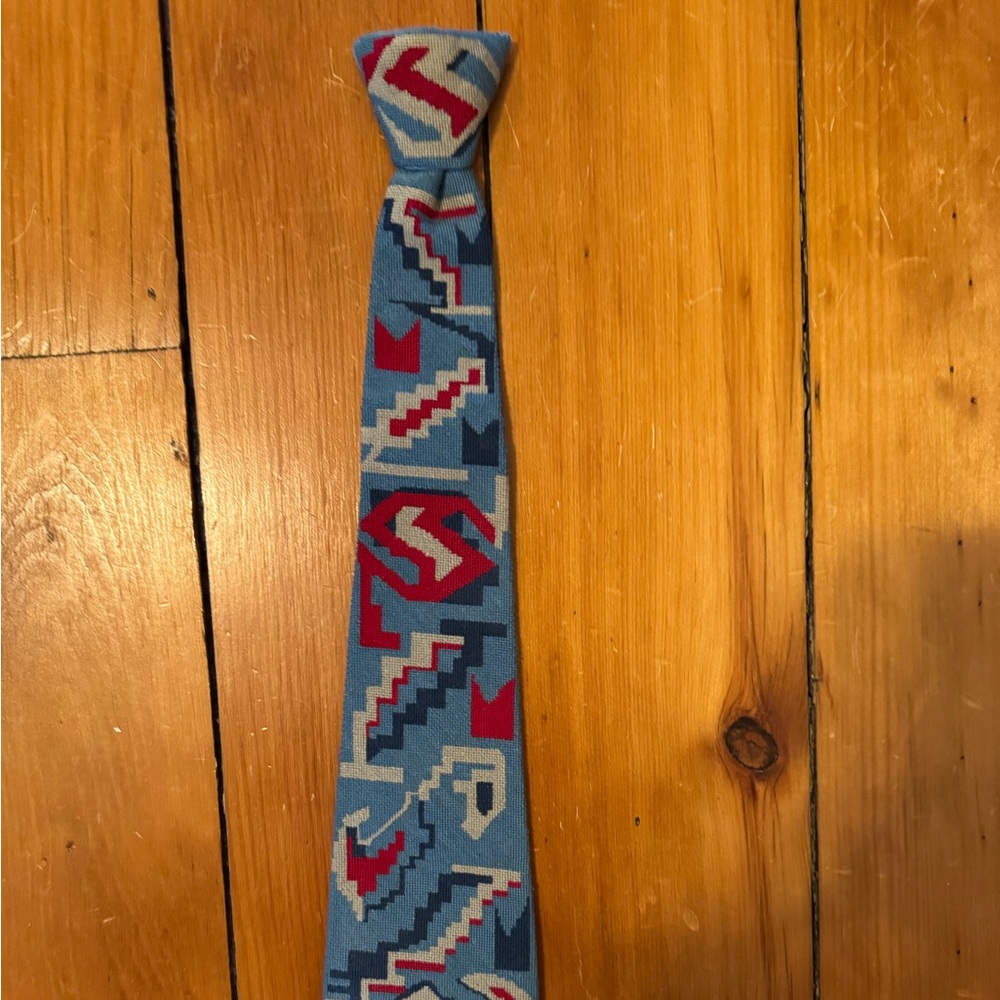 Vintage Needlepoint Clip On Abstract Pattern Tie - Blue and Red
